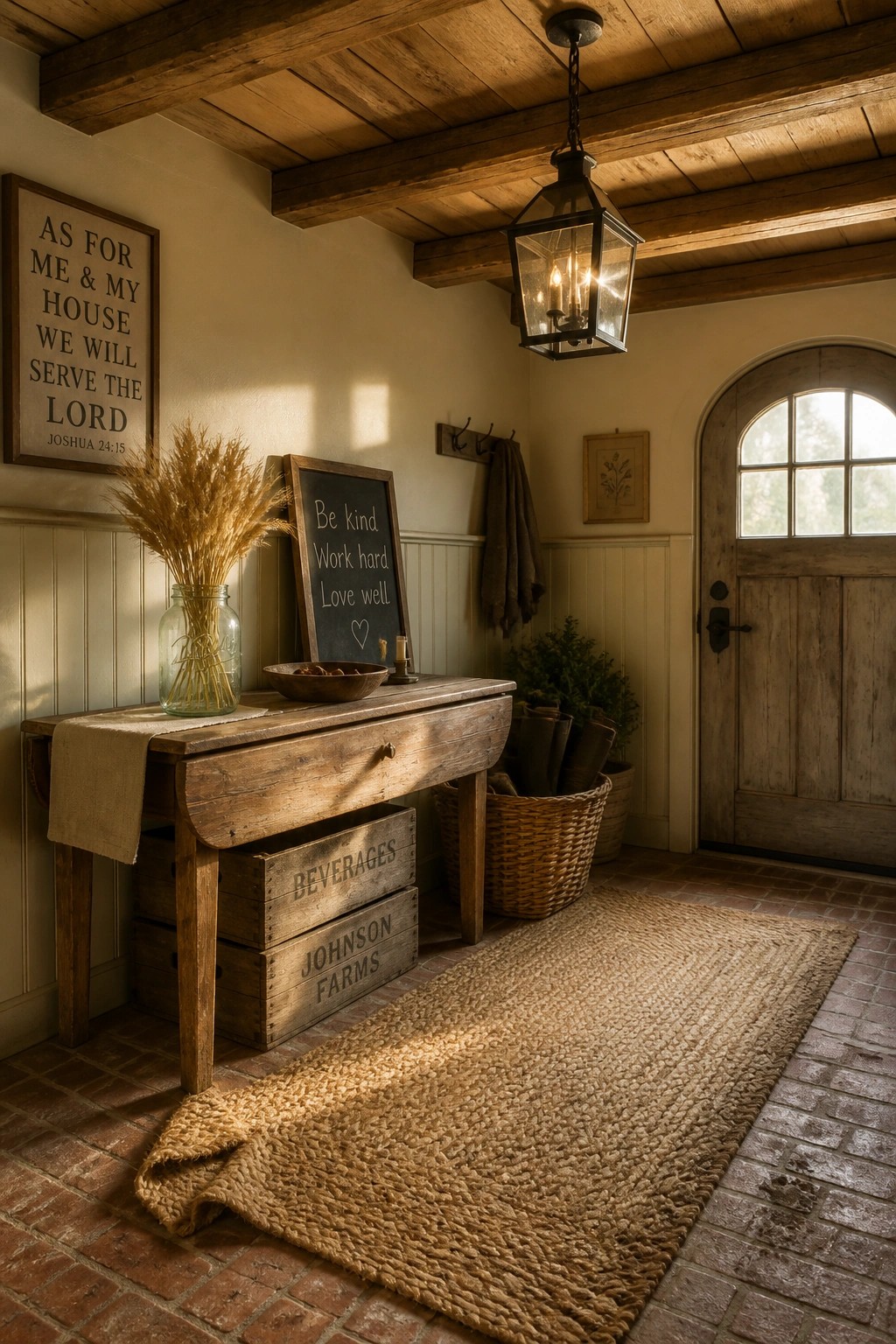 An interior entryway with exposed wooden ceiling beams, a wooden console table holding a glass vase of dried wheat, a chalkboard sign, a woven jute rug on brick flooring, and a wooden door with a window.