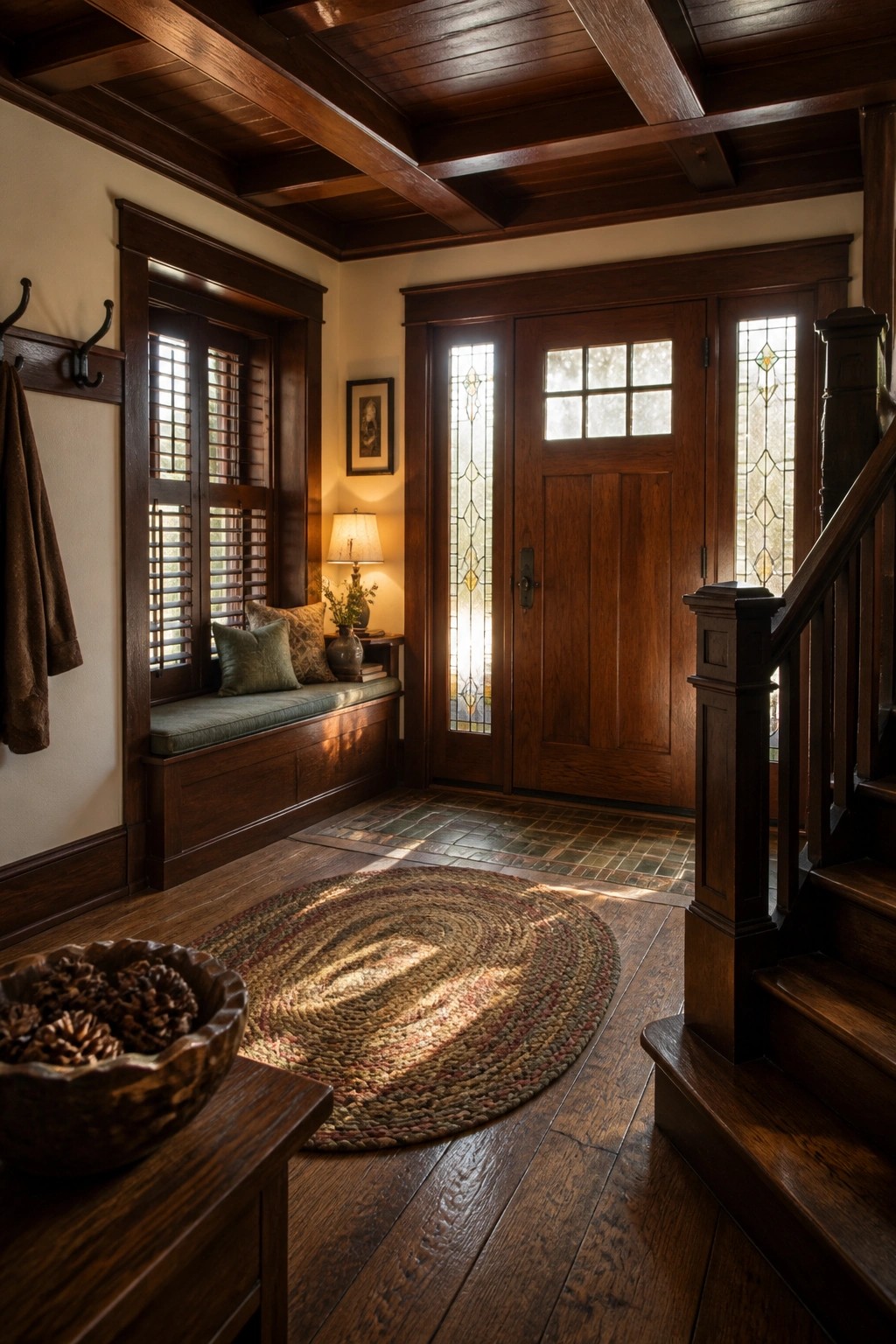 A traditional home entryway with a dark wood ceiling featuring exposed beams, wooden double doors with stained glass, a window seat, wooden flooring, and a round braided rug.