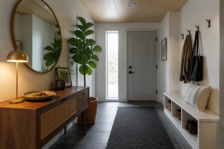 19 Charming Entryway Wood Ceiling Ideas to Create a Strong First Impression A narrow entryway featuring a light wood plank ceiling, white walls, a wooden console table with a round mirror, and a gray door at the end.