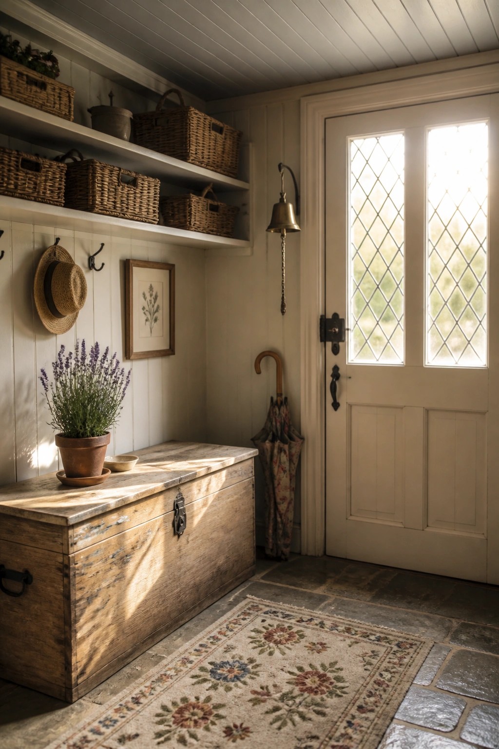 An entryway interior featuring a white painted wood ceiling, wall shelves with woven baskets, a wooden storage chest, and a white door with diamond-patterned glass panes.
