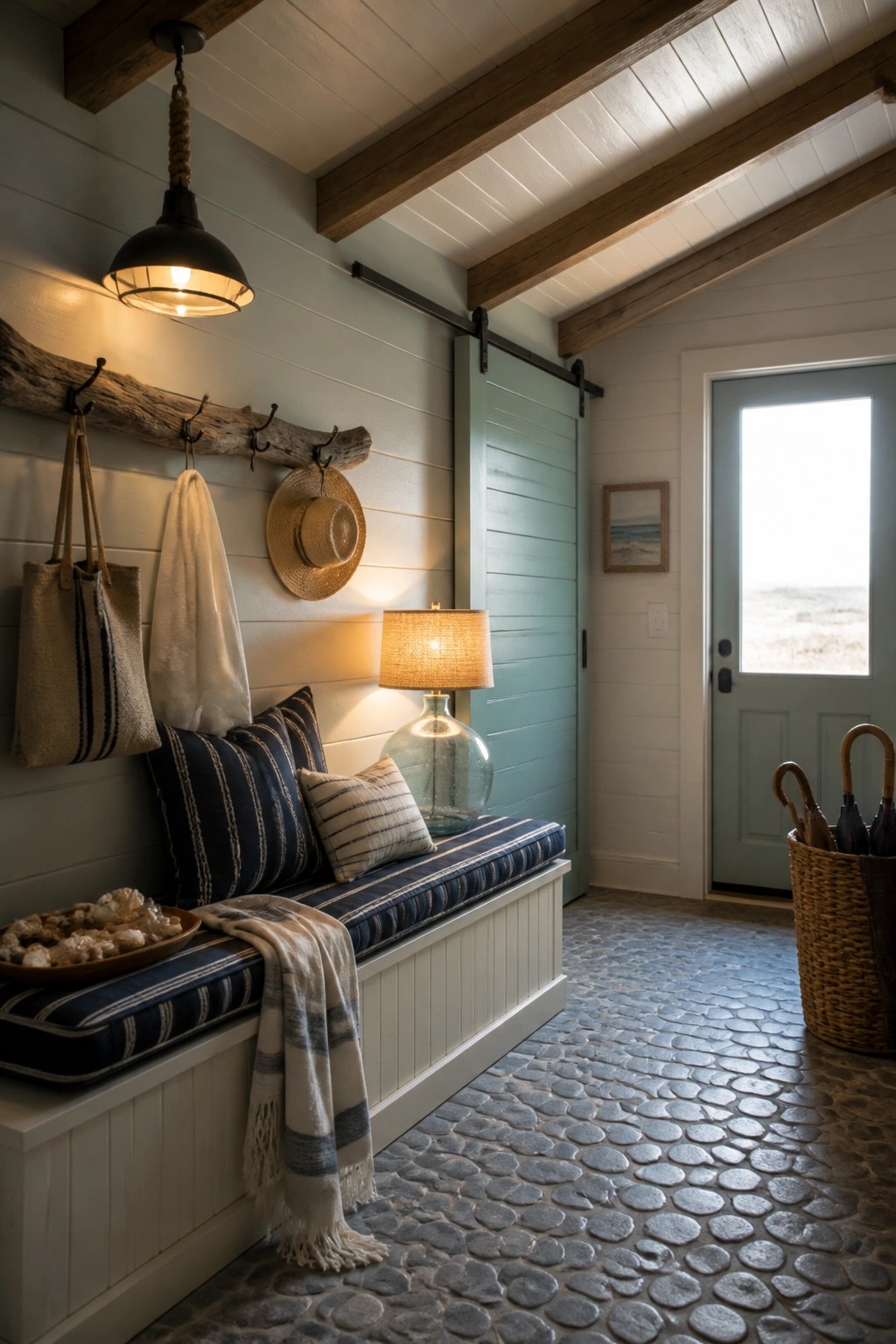 An interior entryway featuring exposed wooden ceiling beams, white shiplap walls, a built-in bench with striped cushions, and a sliding barn door.