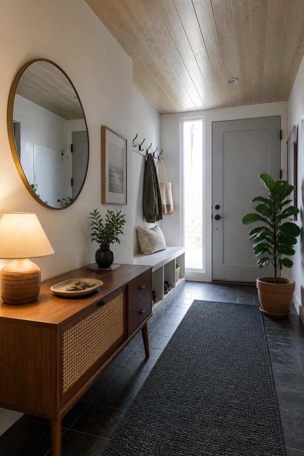 A narrow entryway featuring a light wood plank ceiling, white walls, a wooden console table with a round mirror, and a gray door at the end.