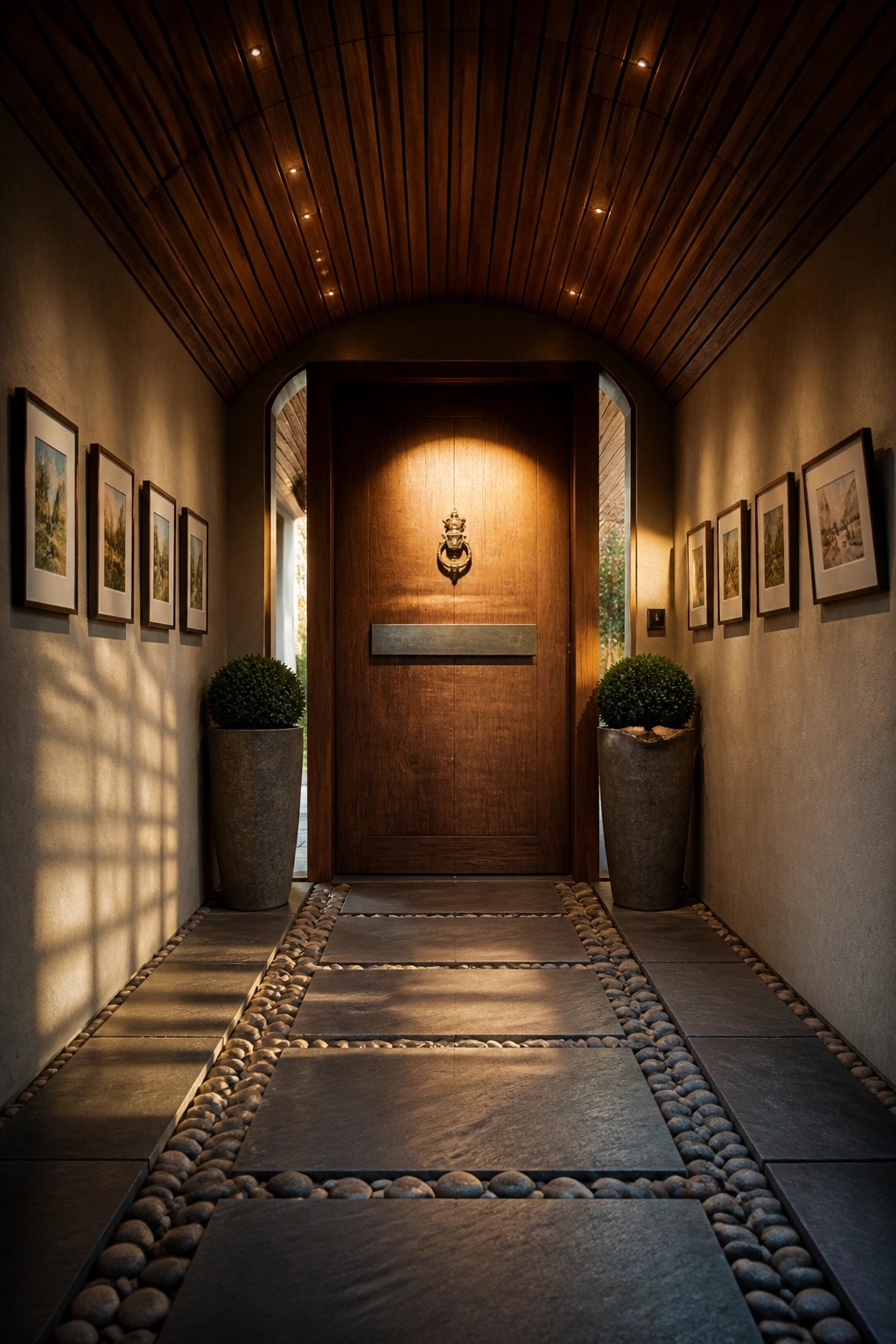 Arched hallway with wooden door, framed art, potted plants, and pebble path