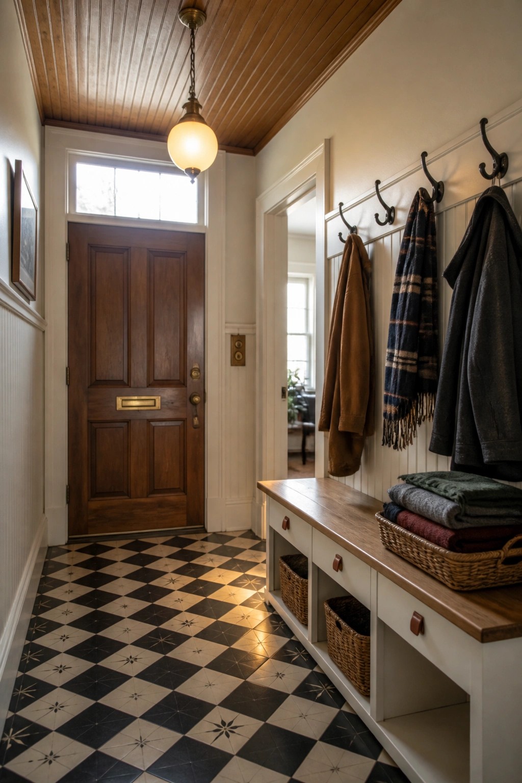 An interior entryway featuring a wood paneled ceiling, black and white patterned tile floor, wooden front door with transom window, and wall-mounted coat hooks above a storage bench.