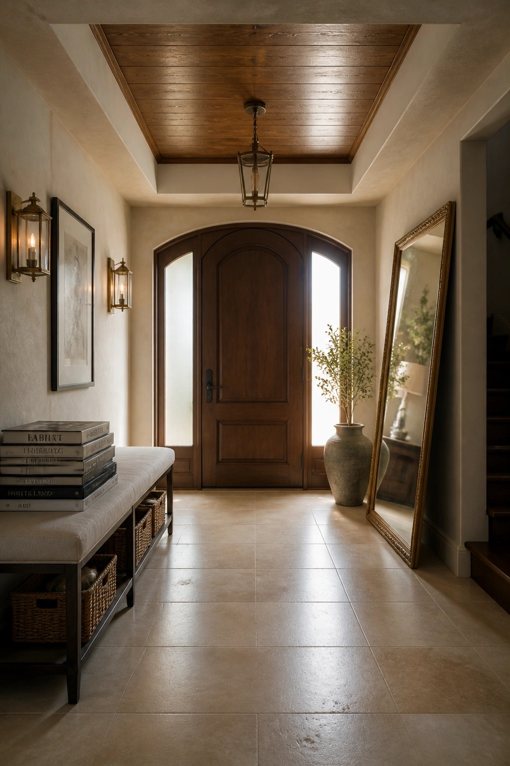 An interior entryway featuring a dark wood plank ceiling, an arched wooden front door with sidelights, a bench with stacked books and woven baskets underneath, and a tall mirror leaning against the right wall.