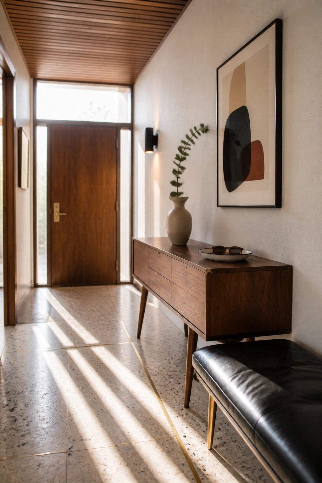 A long interior entryway with a slatted wood ceiling, terrazzo tile floor, wooden front door, and a walnut console table against a white wall.