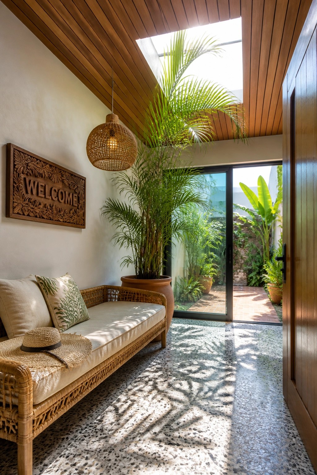 An interior entryway with a wooden slatted ceiling, a skylight, a rattan bench with pillows, and a carved wooden welcome sign on the wall.