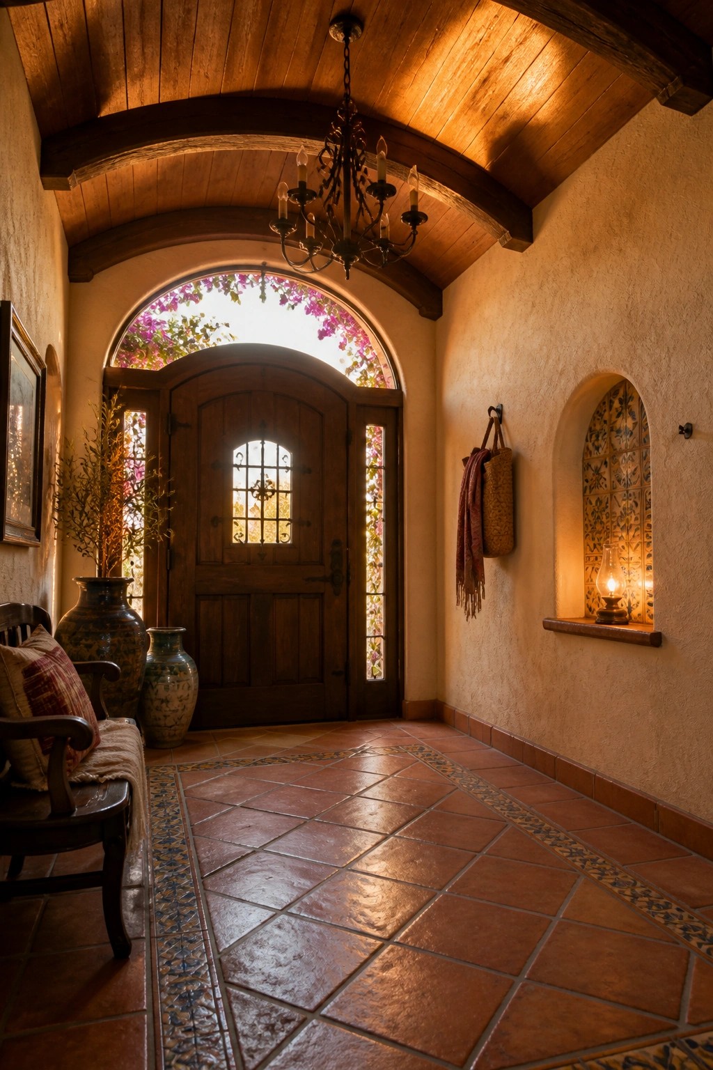 An interior entryway with a curved wooden ceiling, exposed beams, terracotta tile floor, and an arched wooden front door.