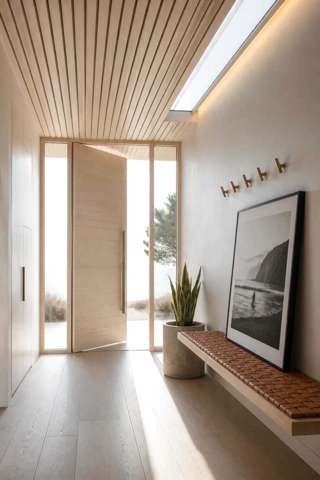 Minimalist light wood entryway with open door to ocean, woven bench, plant, and artwork