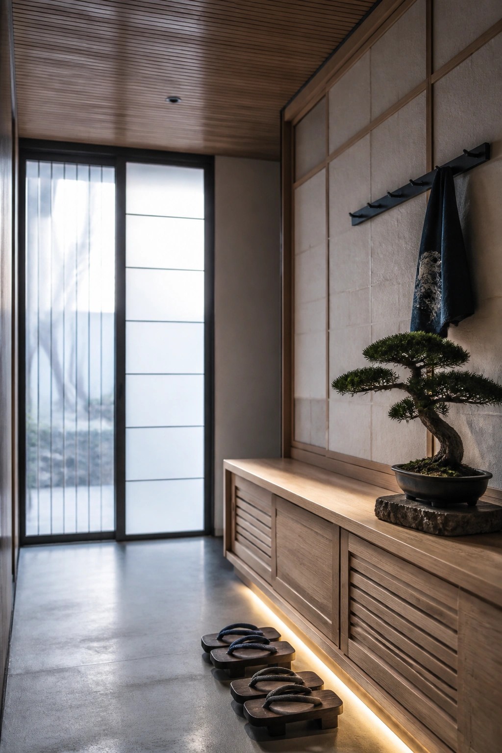 Japanese entryway with bonsai on lit wooden bench, geta sandals, and hanging towel.