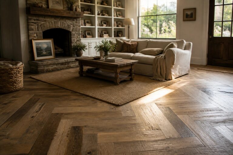 19 Clever Reclaimed Wood Flooring Ideas That Bring Character to Renovations Living room interior showing herringbone reclaimed wood flooring, a light sofa, wooden coffee table, and stone fireplace.