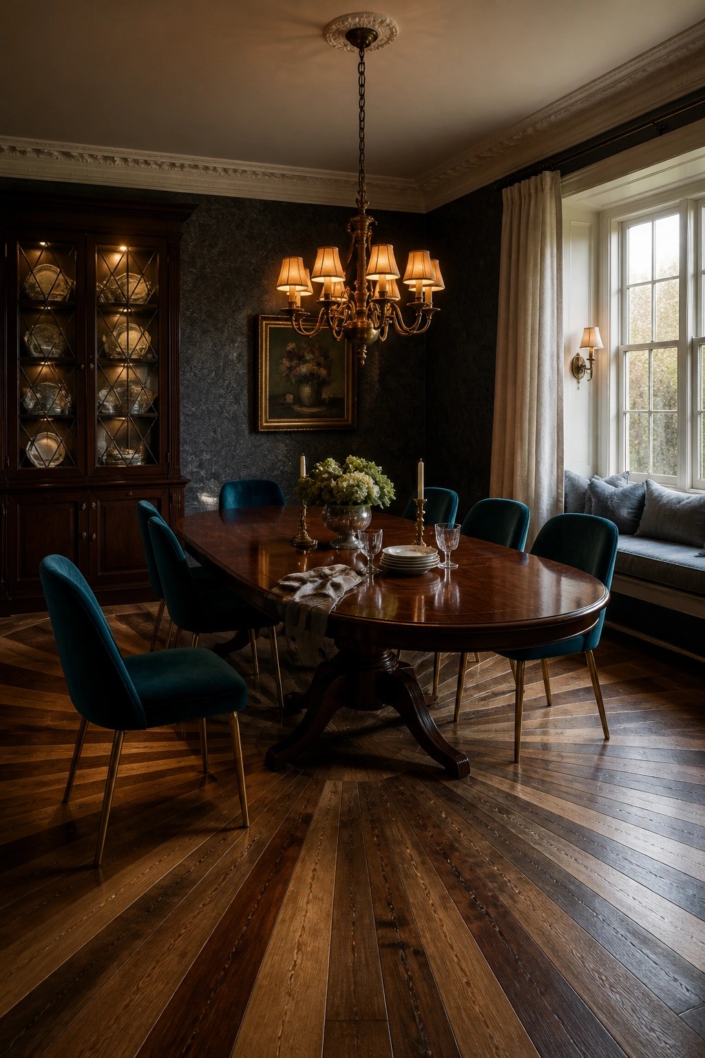 A formal dining room featuring a large oval wooden table on a dark herringbone reclaimed wood floor, surrounded by teal upholstered chairs, with a lit chandelier above and a glass-front cabinet on the left wall.
