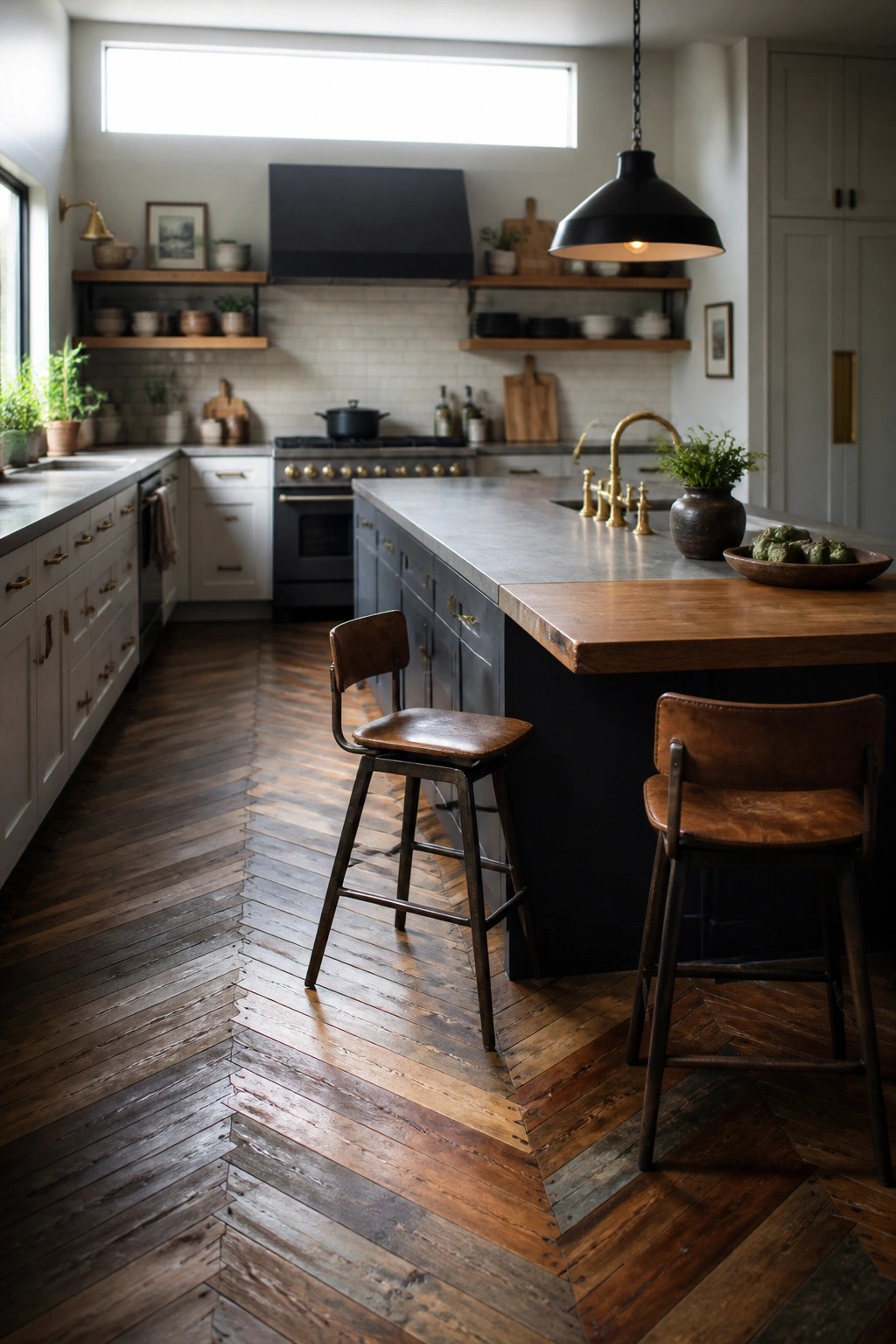 A kitchen interior showing reclaimed wood flooring in a dark herringbone pattern, with a large island, two leather stools, white and dark cabinets, and open shelving.