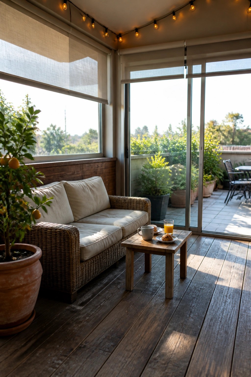 A balcony with reclaimed wood plank flooring, a wicker sofa with beige cushions, a small wooden coffee table holding a mug and pastries, a potted citrus tree, and large glass doors opening to a patio with plants and string lights overhead.