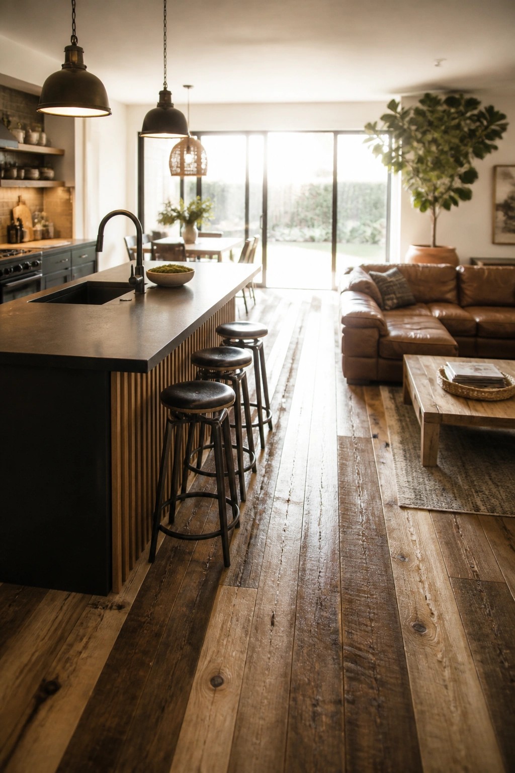 An open kitchen and living space featuring wide reclaimed wood flooring, a dark kitchen island with three stools, and a brown leather sectional sofa near large glass doors.