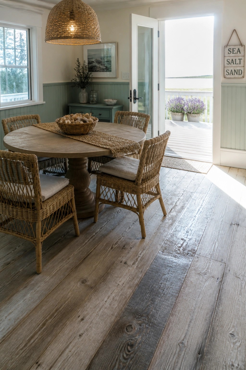 A dining room interior with wide reclaimed wood plank flooring, a round pedestal table, woven chairs with cushions, and an open door leading outside.