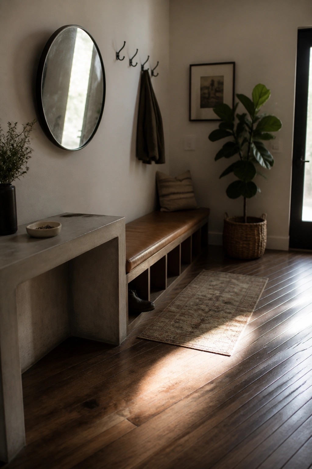 A home entryway featuring dark reclaimed wood flooring with sunlight highlighting the plank texture, alongside a leather bench and concrete console table.