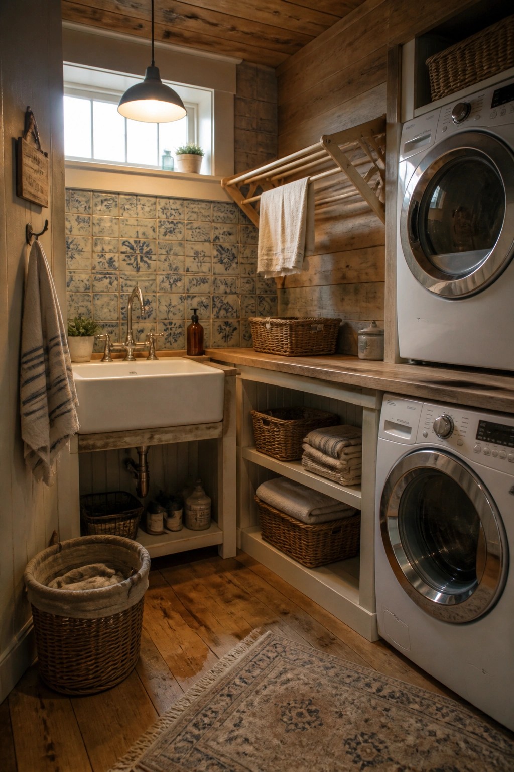 A laundry room with reclaimed wood flooring, wooden walls and ceiling, a white farmhouse sink, stacked washing machines, and woven baskets on open shelves.