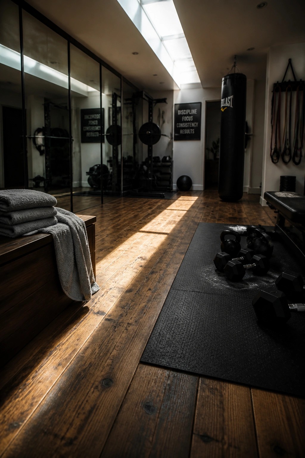 A home gym with dark reclaimed wood flooring, a black rubber mat holding dumbbells and kettlebells, and a punching bag hanging from the ceiling.