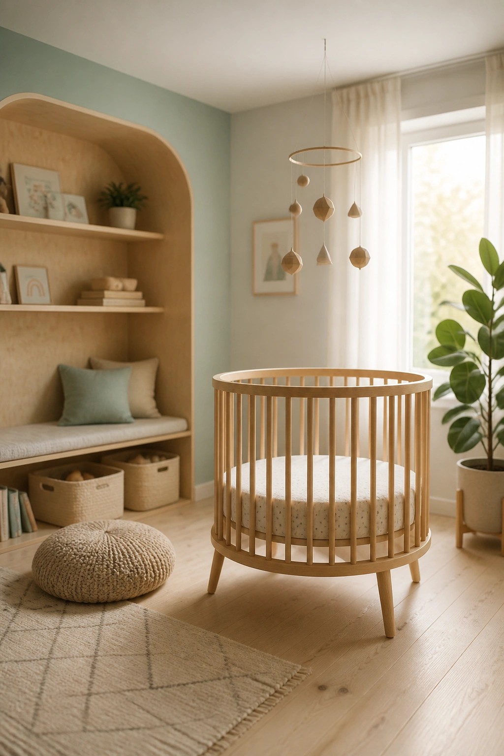 A round wooden crib on light wood flooring in a nursery with built-in arched shelves, a woven pouf, and a hanging mobile.
