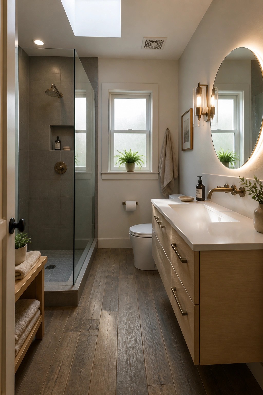 A bathroom interior featuring reclaimed wood plank flooring, a glass-enclosed shower with gray tile, a floating wood vanity with white countertop, and a round backlit mirror.