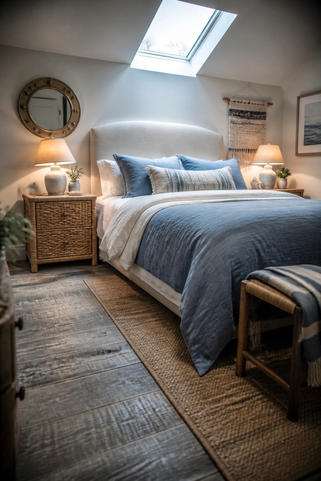 A bedroom with reclaimed wood plank flooring, a bed dressed in blue and white linens, woven nightstands, and a skylight overhead.
