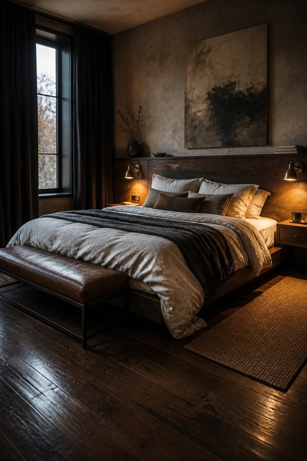 A bedroom interior featuring dark reclaimed wood flooring, a large bed with white and gray linens, a brown leather bench at the foot of the bed, and a woven rug on the floor.