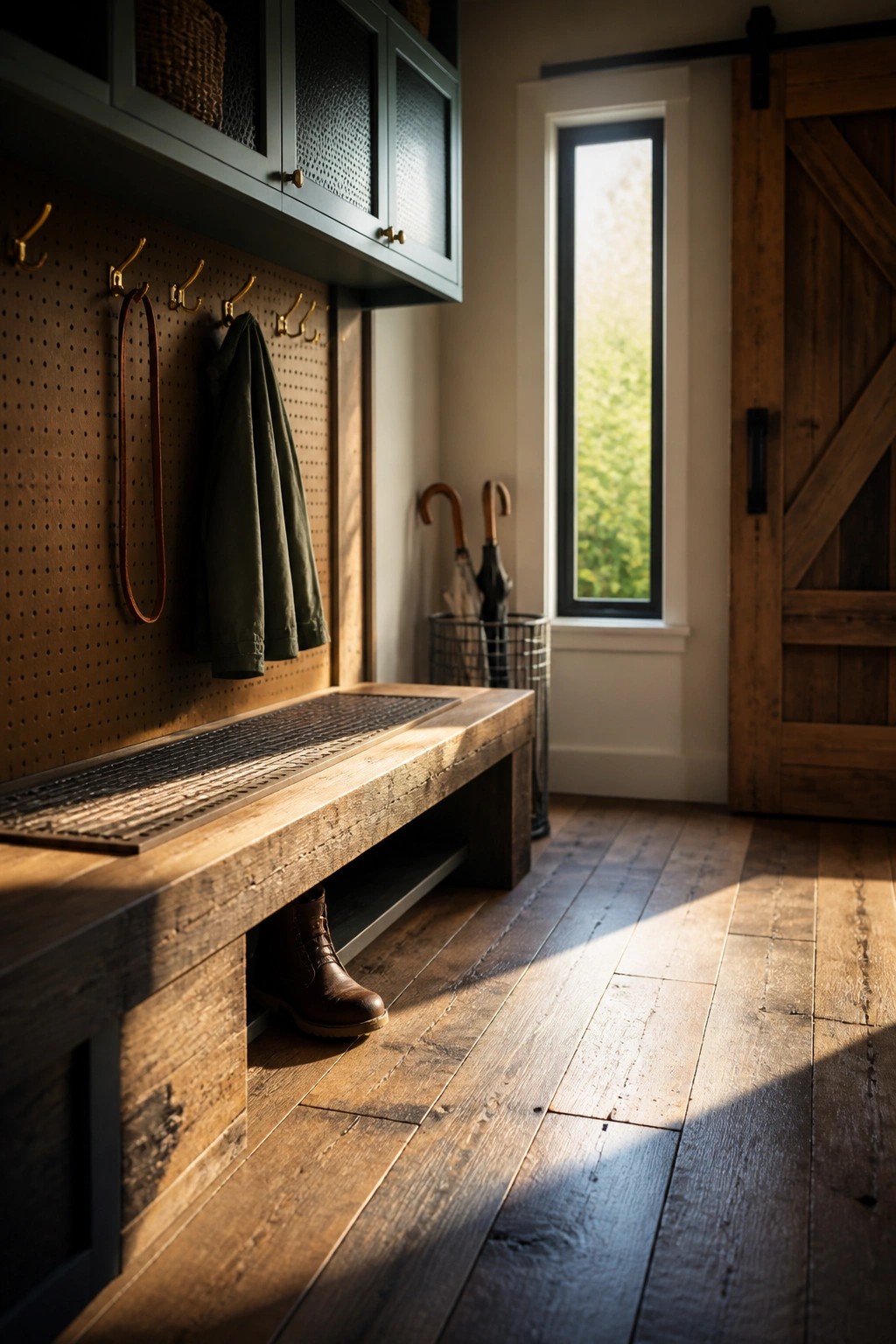 A mudroom interior featuring reclaimed wood plank flooring, a built-in wooden bench with storage, a pegboard wall with hooks, upper cabinets, and a sliding barn door next to a tall window.