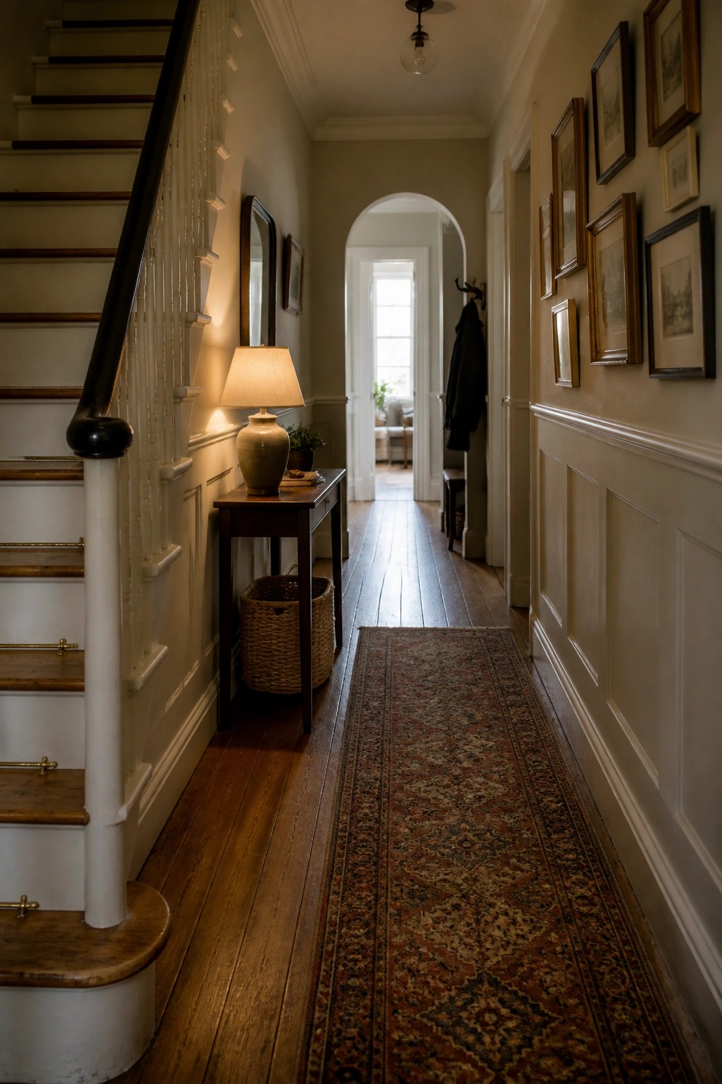 A narrow interior hallway with reclaimed wood flooring, a long patterned runner, white wainscoting, stairs on the left, and framed pictures on the right wall.