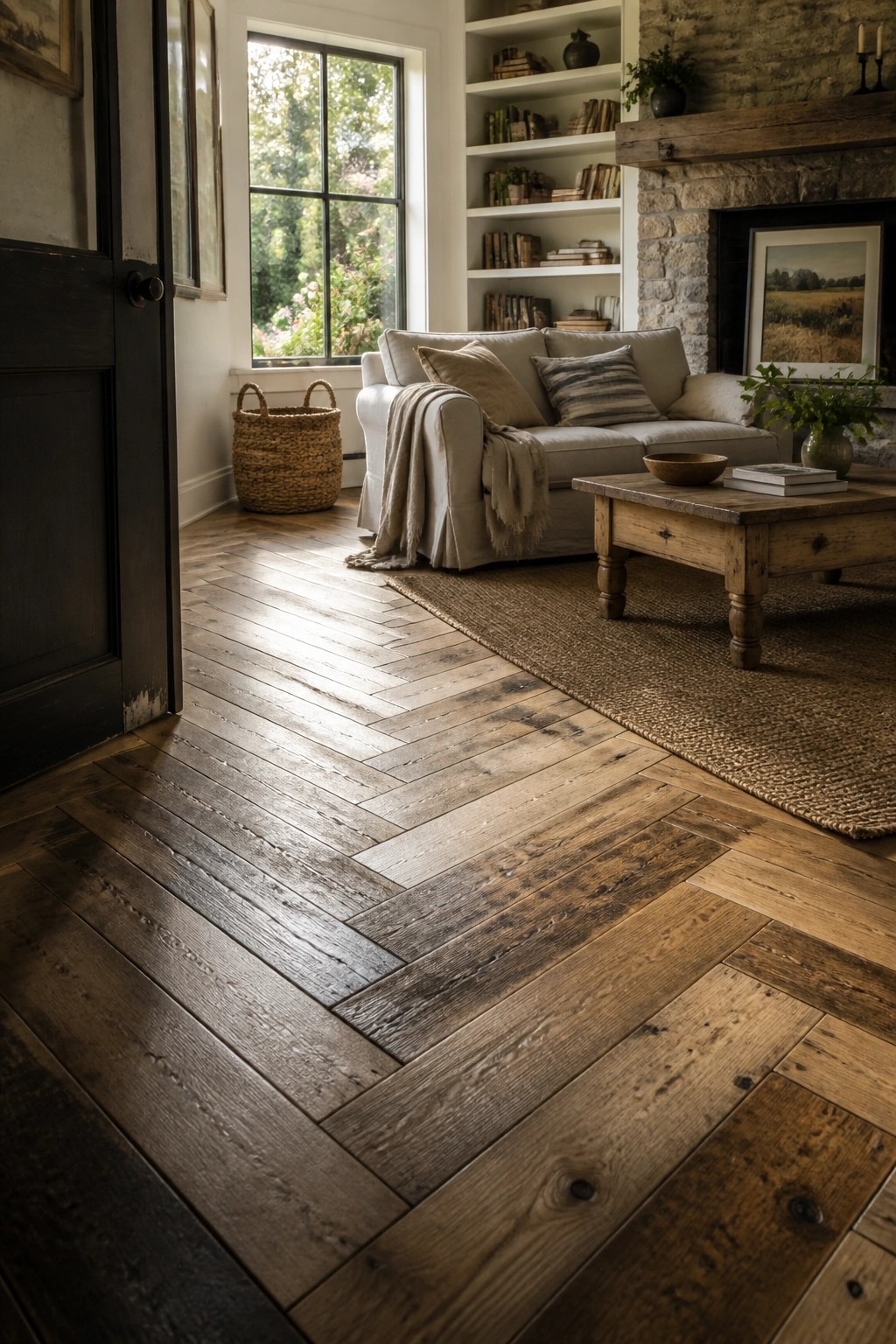 Living room interior showing herringbone reclaimed wood flooring, a light sofa, wooden coffee table, and stone fireplace.