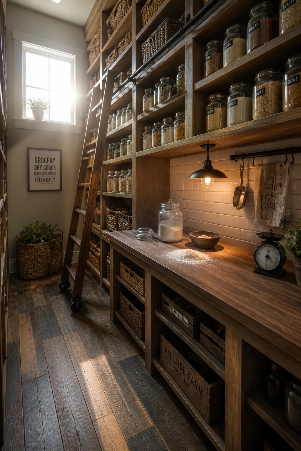 A pantry interior with reclaimed wood flooring, a wooden work counter, and open wooden shelves holding glass jars, baskets, and storage crates.