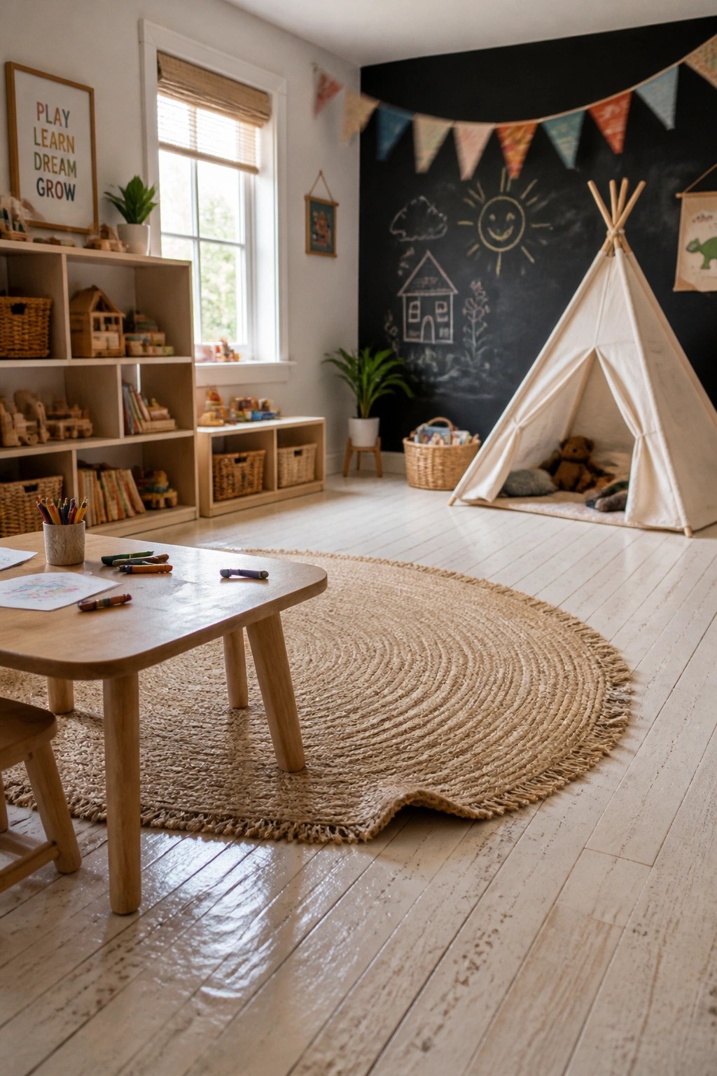 A bright children's playroom with light reclaimed wood plank flooring, a round woven rug, a low wooden table with crayons, and a white teepee tent in front of a chalkboard wall.