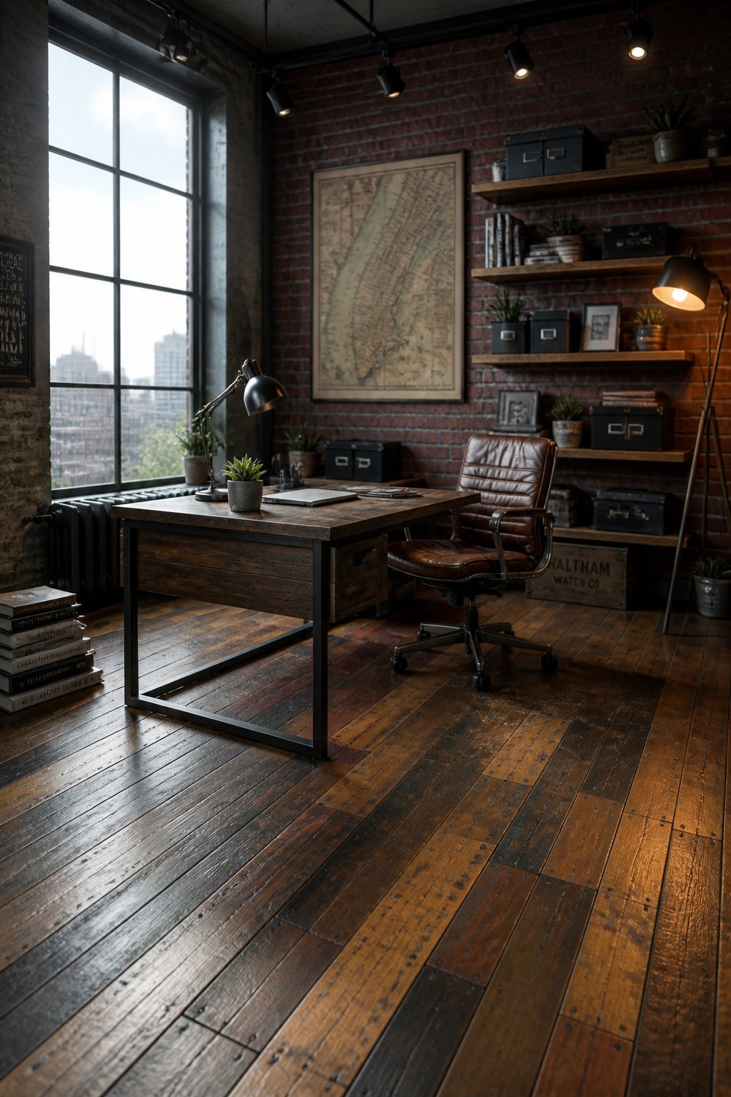 An industrial-style home office featuring a multi-toned reclaimed wood floor, a wooden desk with metal frame, a brown leather office chair, and exposed brick walls with wooden shelves.