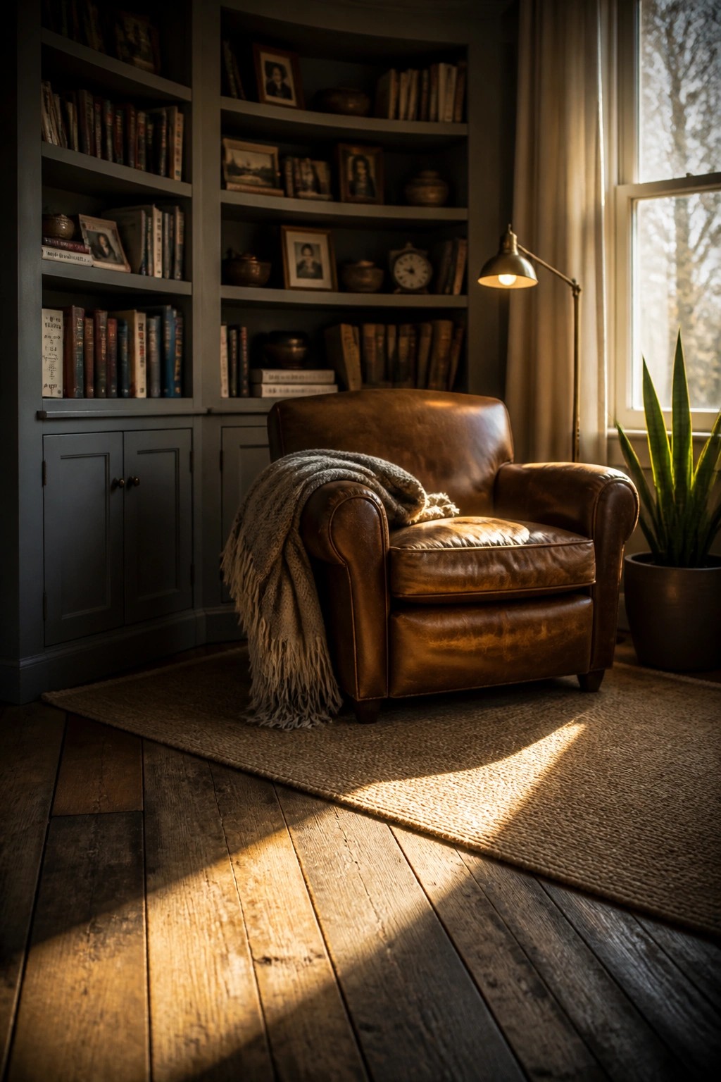 A brown leather armchair sits on a woven rug over wide reclaimed wood flooring with sunlight casting shadows across the planks.