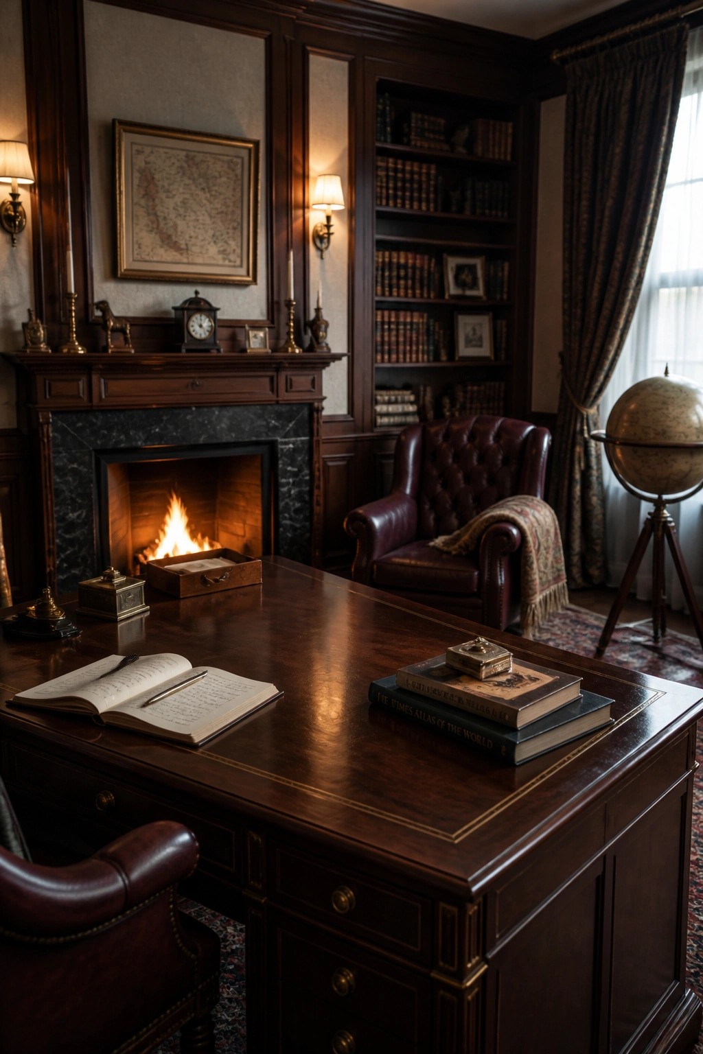 A traditional home office with a large dark wood desk holding an open book and stacked volumes, a lit fireplace behind it, and leather armchairs nearby.
