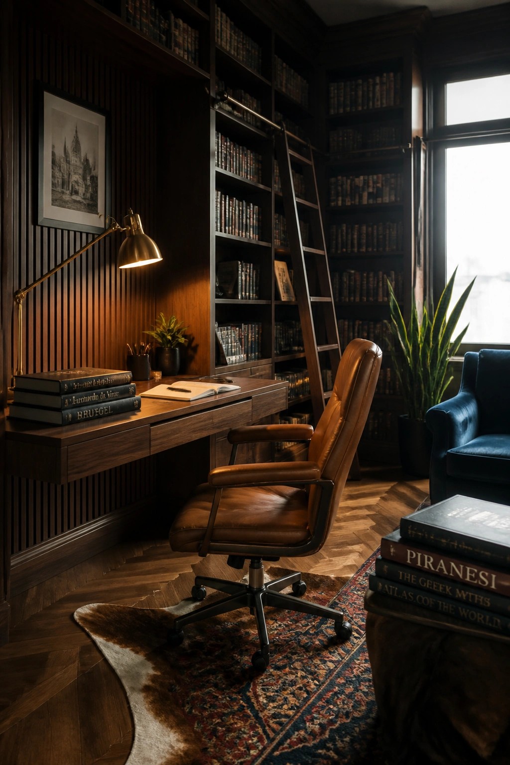 A dark wood home office featuring floor-to-ceiling built-in bookshelves, a rolling ladder, a wooden desk with a brown leather chair, and a large window on the right.