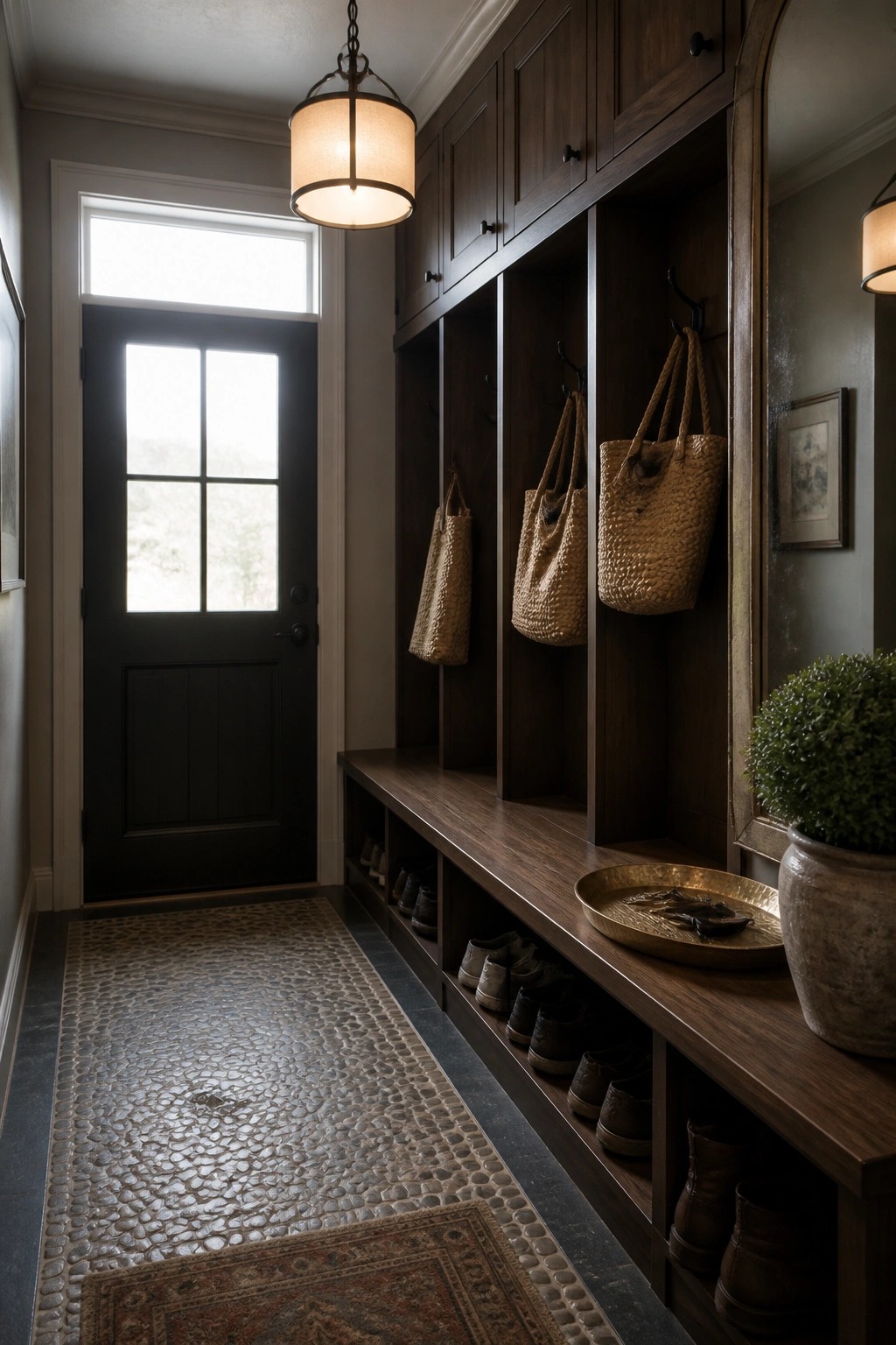 A narrow interior entryway with dark wood built-in cabinets, cubbies, and hooks holding woven bags above rows of shoes on lower shelves, a stone floor runner, and a black door at the end.