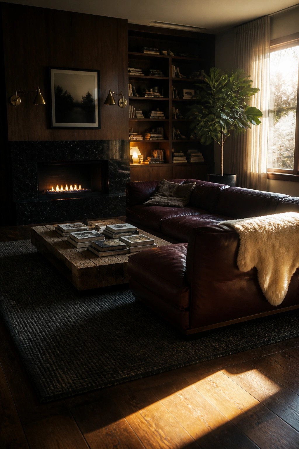 Living room with dark wood paneling and built-in bookshelves surrounding a fireplace, a burgundy leather sectional, and a wooden coffee table on a dark rug.