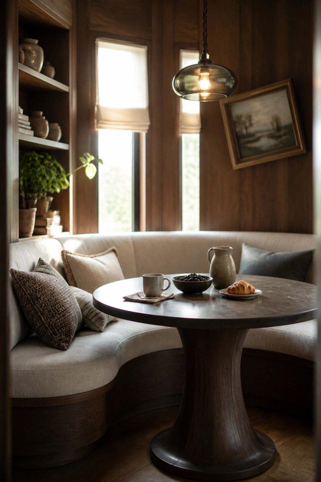 Cozy wooden nook with curved banquette, round table, coffee, croissant, and pendant light