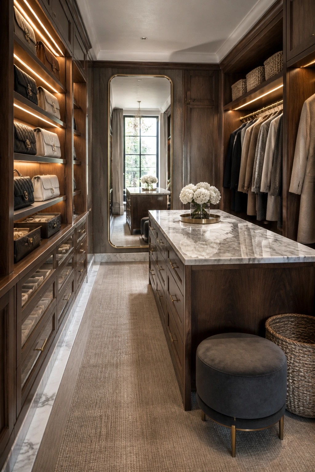 A narrow walk-in closet lined with dark wood cabinetry and illuminated shelves holding handbags, a central marble-topped island, and a large arched mirror at the far end.