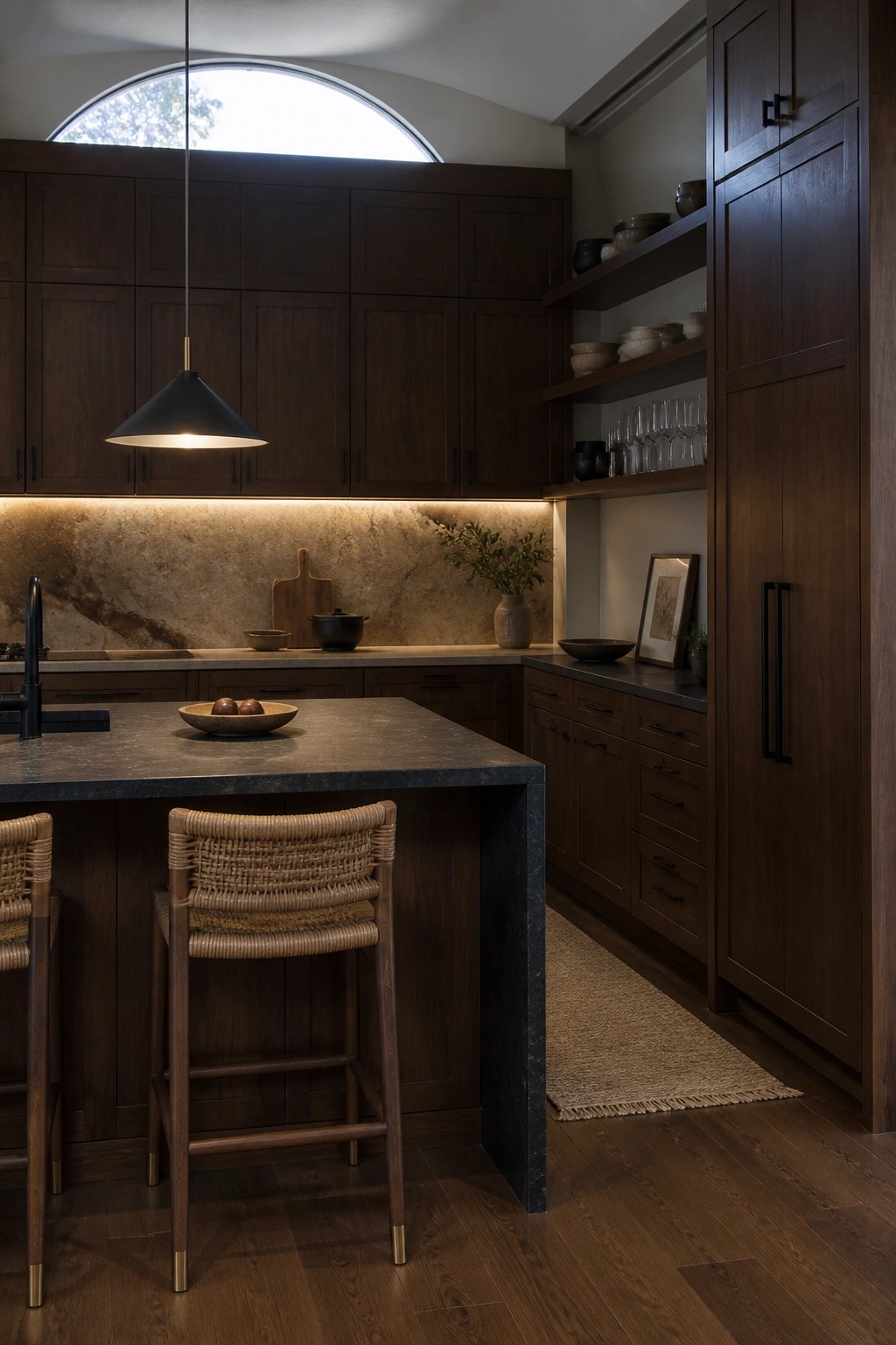 A modern kitchen with dark wood cabinetry, a dark stone island with woven bar stools, open wood shelves, and a large arched window above the sink area.
