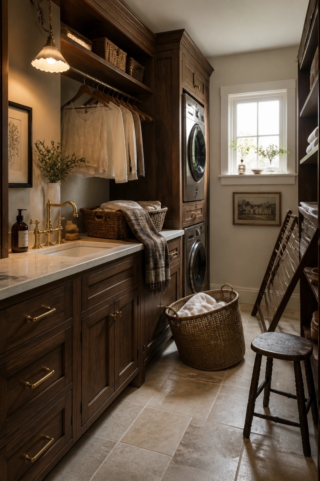 Rustic laundry room with dark wood cabinets, marble sink, washer, and woven baskets.