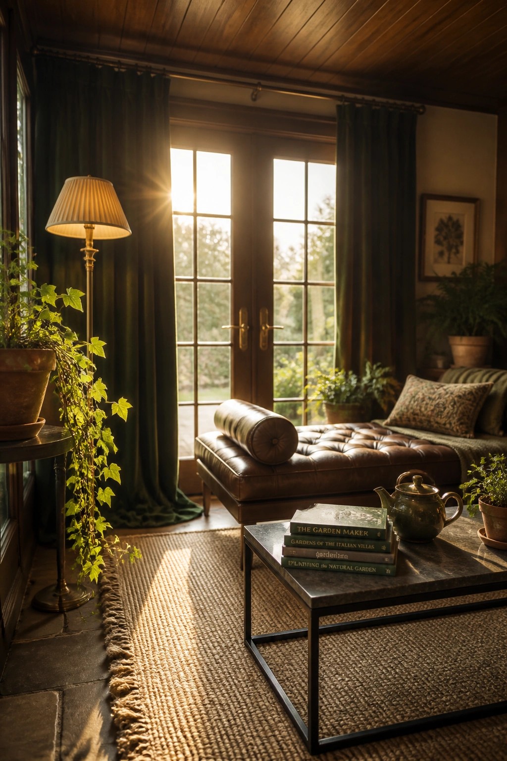 Sunlit room with leather chaise, gardening books on table, and lush houseplants.