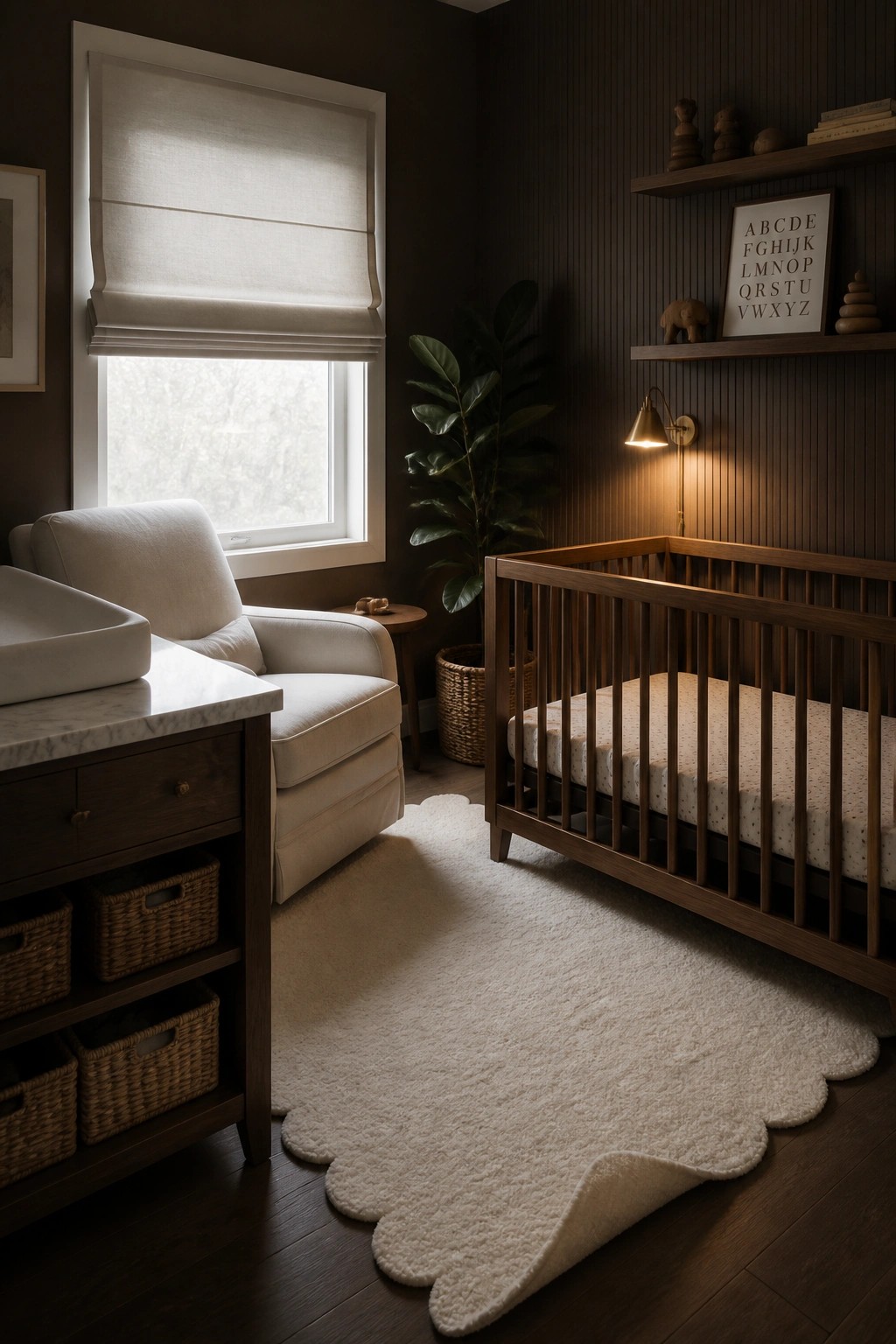 A nursery with a dark wood crib, white armchair, marble-top dresser, and scalloped white rug on dark floors against deep paneled walls with floating shelves.