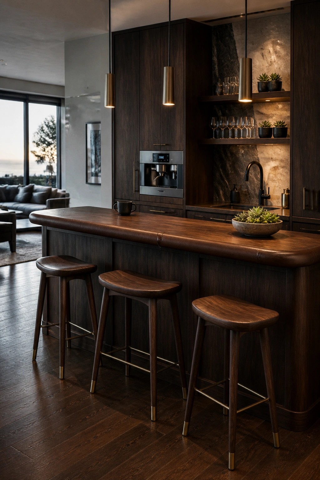A kitchen with a large dark wood island, three matching wooden bar stools with brass accents, and dark wood cabinetry including a built-in coffee machine.