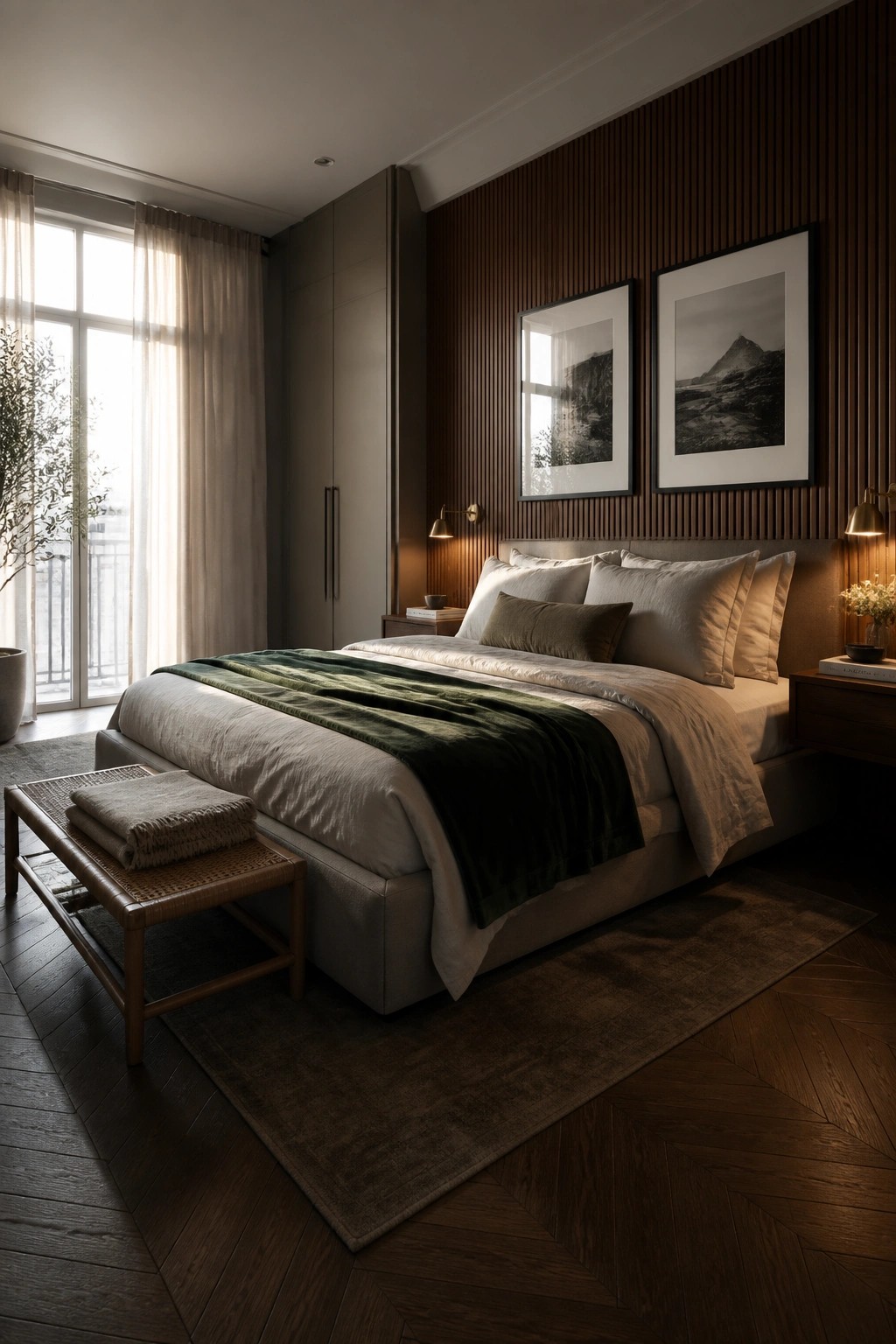 A bedroom with a large bed dressed in light linens and a dark green throw, set against a wall of vertical dark wood paneling with two framed black and white prints above the headboard.