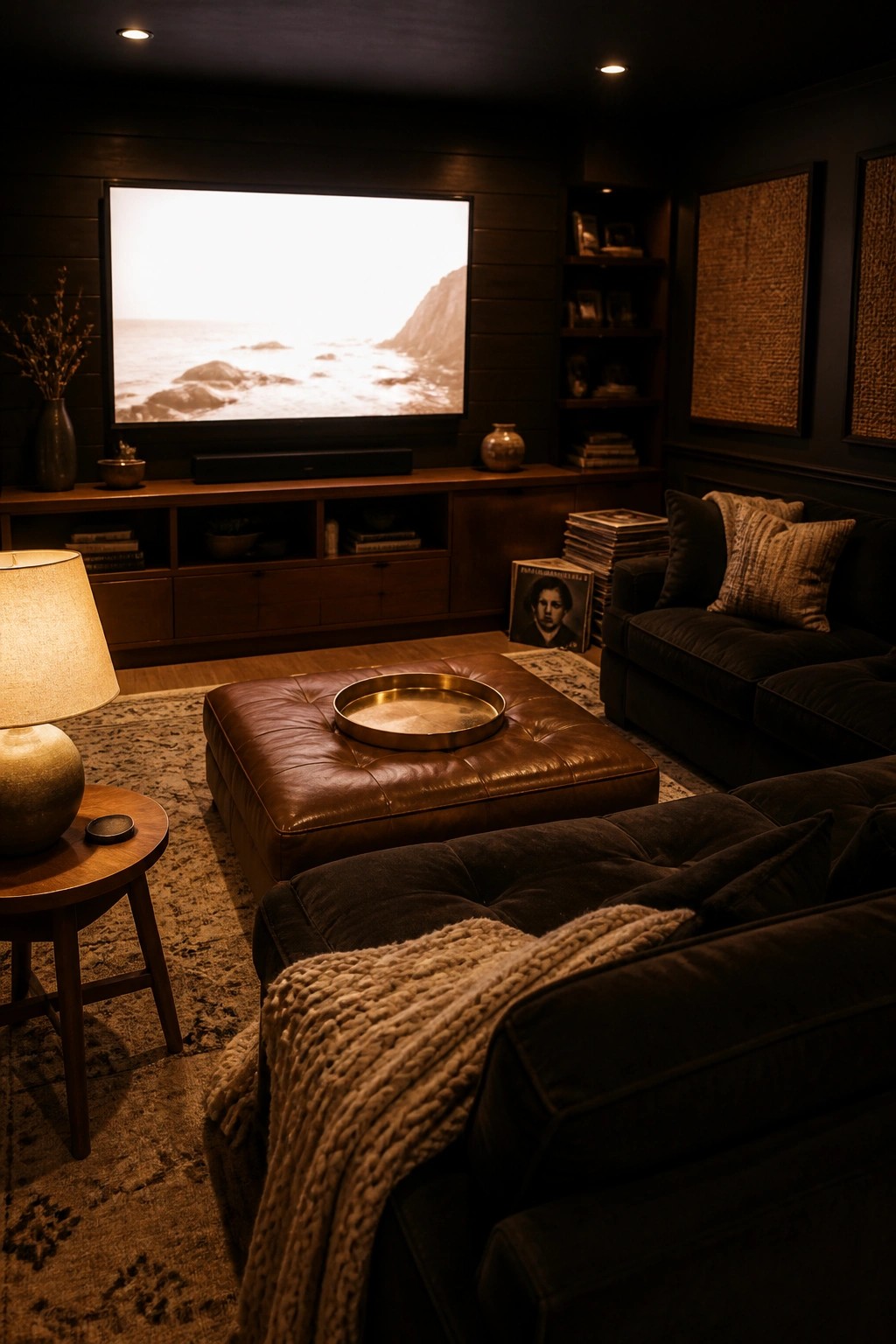 A living room with dark wood walls, a large television on the wall, a dark sofa, a brown leather ottoman, and warm lighting from a table lamp.