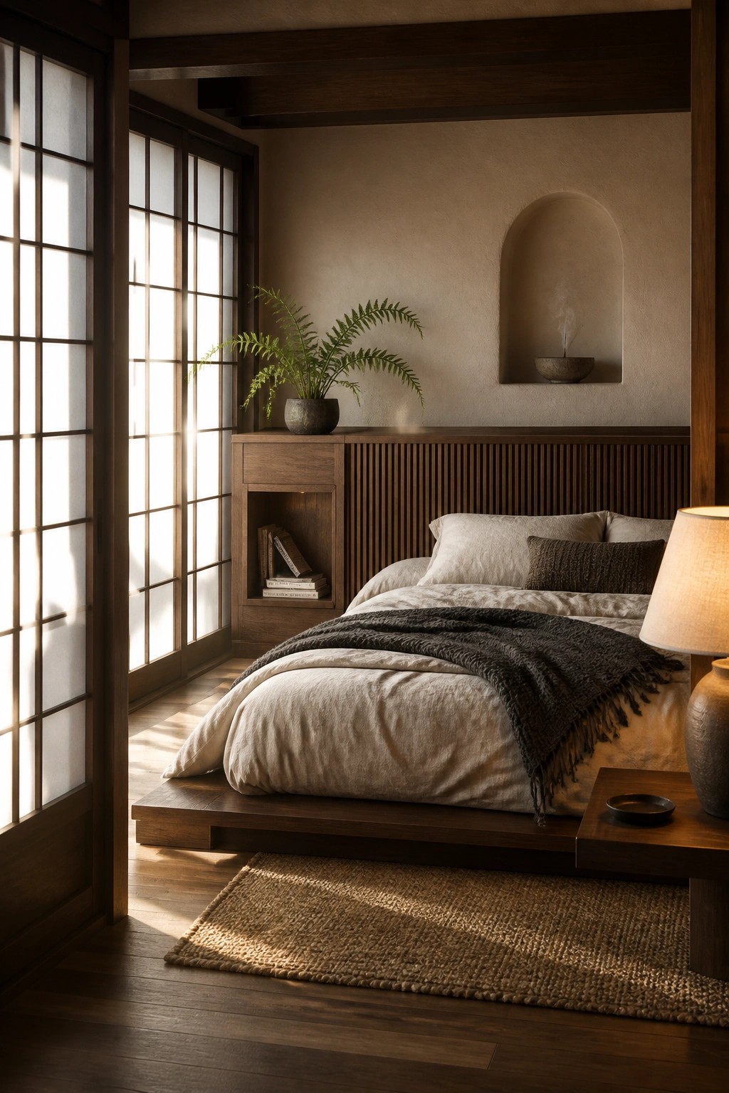 A bedroom with a low dark wood platform bed dressed in light linens, a woven rug on the floor, and a shoji screen door on the left.