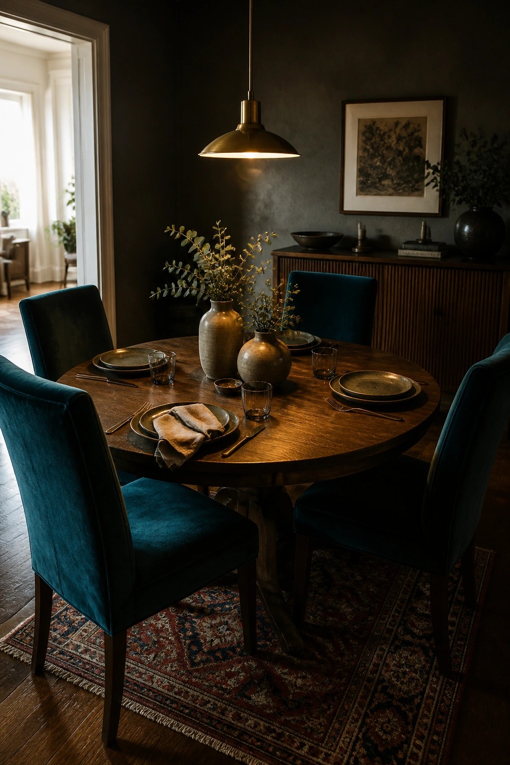A round dark wood dining table set for a meal with plates, glasses, and napkins, surrounded by teal velvet chairs under a brass pendant light in a dark-walled room.