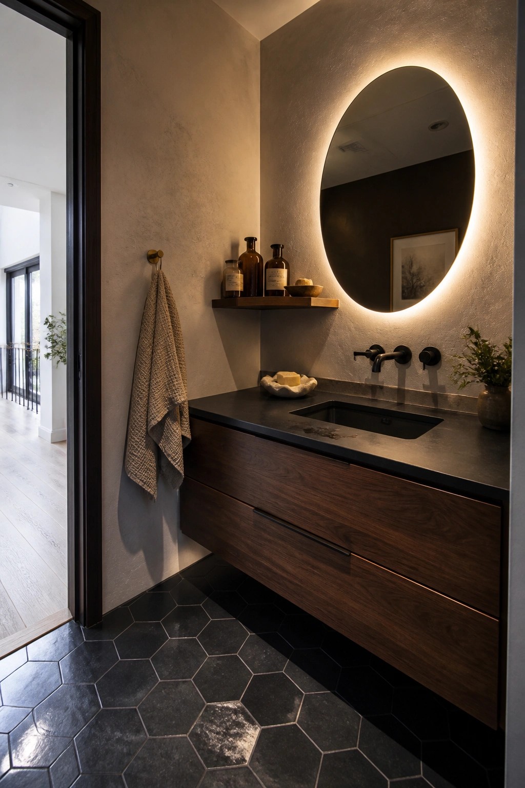 A bathroom with a floating dark wood vanity, black countertop, round backlit mirror, and dark hexagonal floor tiles.